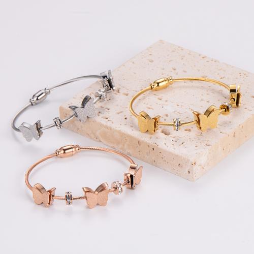 Stainless Steel Bangle, 316L Stainless Steel, Butterfly, fashion jewelry & for woman & with rhinestone, more colors for choice, Inner Diameter:Approx 60mm, Sold By PC
