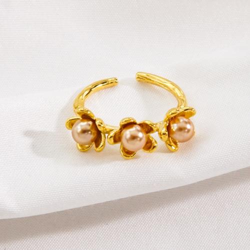 خاتم إصبع الفولاذ المقاوم للصدأ, 304 الفولاذ المقاوم للصدأ, مع لؤلؤة, تعديل & مجوهرات الموضة & للمرأة, ذهبي, Ring inner diameter:17-20mm, تباع بواسطة PC