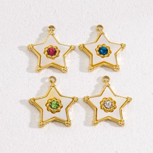 Stainless Steel Pendants, 304 Stainless Steel, with Cubic Zirconia & White Shell, Star, Vacuum Ion Plating, DIY, more colors for choice, 15x15mm, Sold By PC