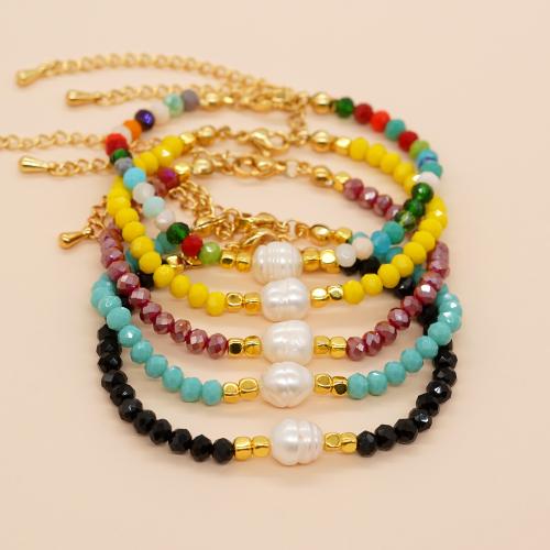 Glass Bracelet with Plastic Pearl & Zinc Alloy gold color plated Adjustable & for woman Sold By PC