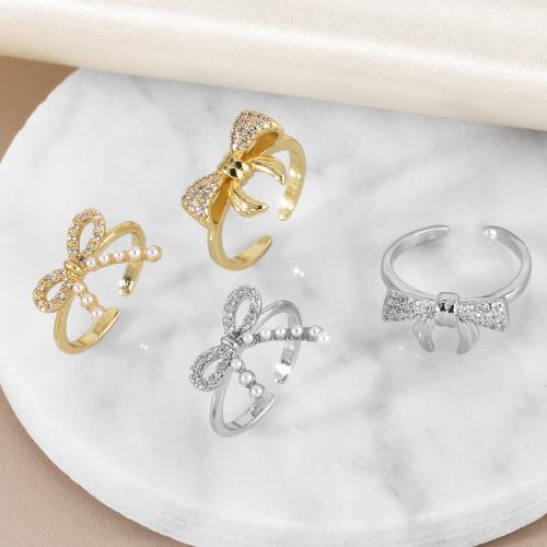 Cubic Zirconia Micro Pave Brass Ring, with Plastic Pearl, Bowknot, plated, fashion jewelry & different designs for choice & micro pave cubic zirconia, more colors for choice, nickel, lead & cadmium free, Sold By PC