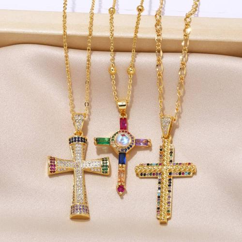 Cubic Zircon Micro Pave Brass Necklace Cross plated fashion jewelry & micro pave cubic zirconia golden nickel lead & cadmium free Sold By PC