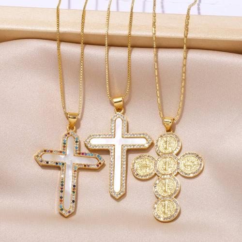 Cubic Zircon Micro Pave Brass Necklace, with Shell, Cross, plated, fashion jewelry & different size for choice & micro pave cubic zirconia, golden, nickel, lead & cadmium free, Sold By PC