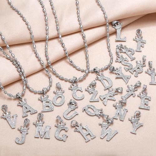 Cubic Zircon Micro Pave Brass Necklace Alphabet Letter plated fashion jewelry & micro pave cubic zirconia silver color nickel lead & cadmium free Sold By PC