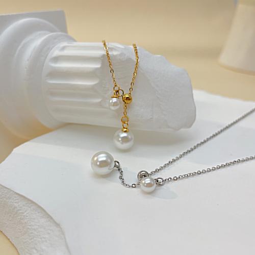 Titanium Steel Necklace, with Plastic Pearl, with 60mm extender chain, plated, fashion jewelry & for woman, more colors for choice, Length:430 mm, Sold By PC