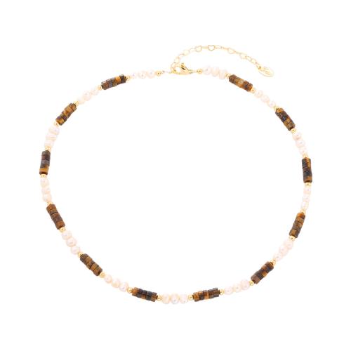 Rustfrit stål smykker halskæde, 304 rustfrit stål, med Tiger Eye & Ferskvandsperle, forgyldt, for kvinde, gylden, Solgt af PC