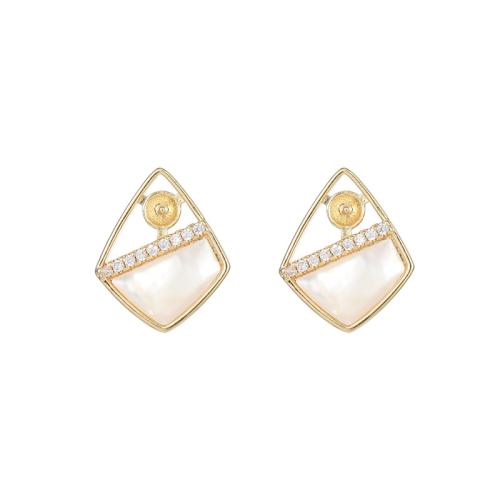 Brass Earring Stud Component with White Shell & Plastic Pearl plated DIY & micro pave cubic zirconia golden Sold By Pair