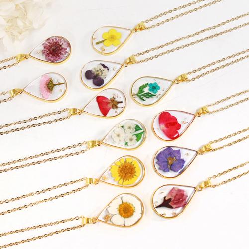 Pressed Dried Flower Jewelry , Brass, with 304 Stainless Steel Chain & Dried Flower & Resin, epoxy gel, different styles for choice & for woman, more colors for choice, Length:45 cm, 6PCs/Bag, Sold By Bag