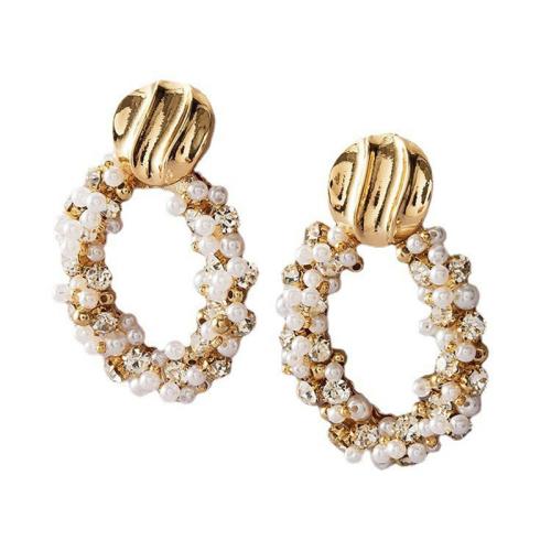 Zinklegering oorknoppen, Zinc Alloy, met Plastic Pearl, handgemaakt, voor vrouw & met strass, gouden, Verkocht door pair