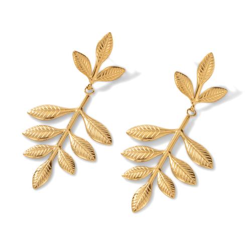 304 Stainless Steel Drop Earring Leaf gold color plated fashion jewelry & for woman Sold By Pair