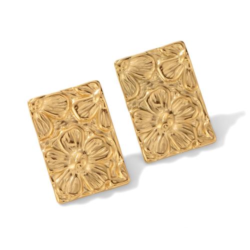 304 Stainless Steel Stud Earring, Rectangle, gold color plated, vintage & with flower pattern & for woman, 18x26mm, Sold By Pair