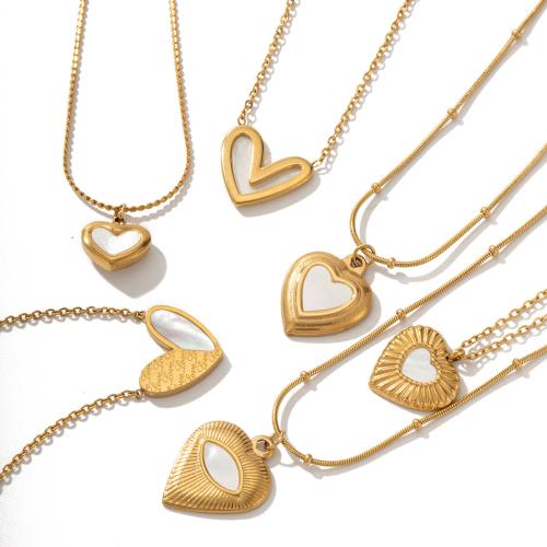 Titanium Steel Necklace, with White Shell, with 1.96inch extender chain, Heart, gold color plated, oval chain & different styles for choice & for woman, Length:Approx 17.7 Inch, Sold By PC