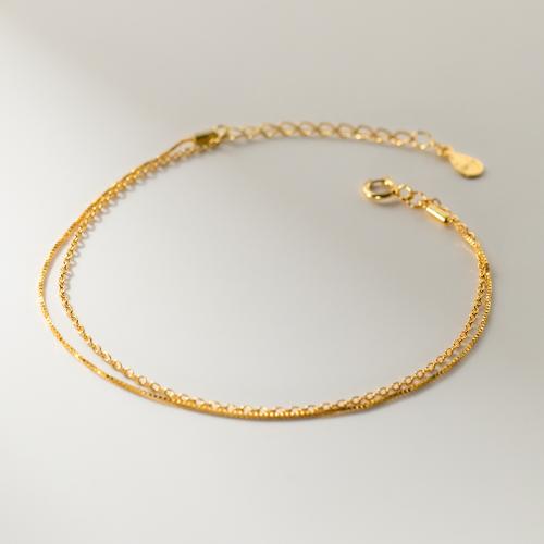 925 Sterling Silver Bracelet, with 1.2inch extender chain, gold color plated, Double Layer & Korean style & for woman, Length:Approx 6.5 Inch, Sold By PC