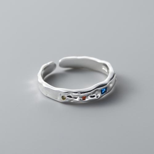 925 de prata esterlina Cuff Ring Finger, Estilo coreano & para mulher & com strass, prateado, Buraco:Aprox 2mm, tamanho:5-8, vendido por PC