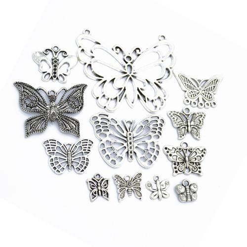 Zinc Alloy Animal Pendants Butterfly antique silver color plated 12 pieces Sold By Set