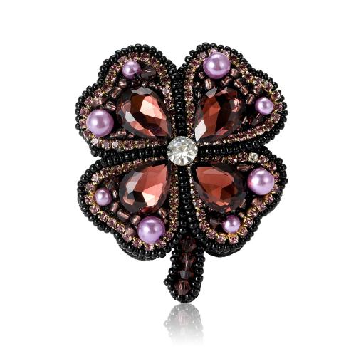 Rhinestone Brooch, Cloth, with Plastic Pearl & Tibetan Style, Four Leaf Clover, silver color plated, fashion jewelry & for woman & with rhinestone, more colors for choice, 47x57mm, Sold By PC