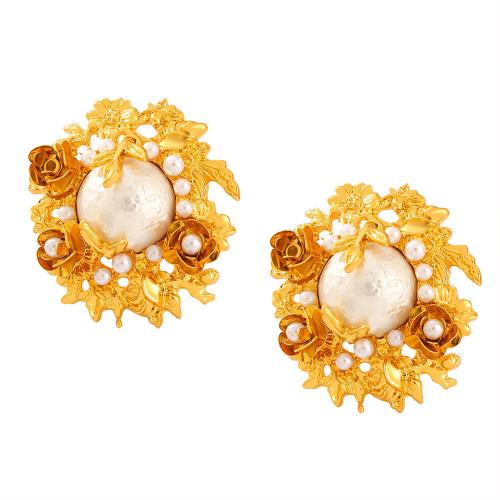 Brass Stud Earring, with Shell Pearl & Freshwater Pearl, fashion jewelry & for woman, more colors for choice, 31x34mm, Sold By Pair