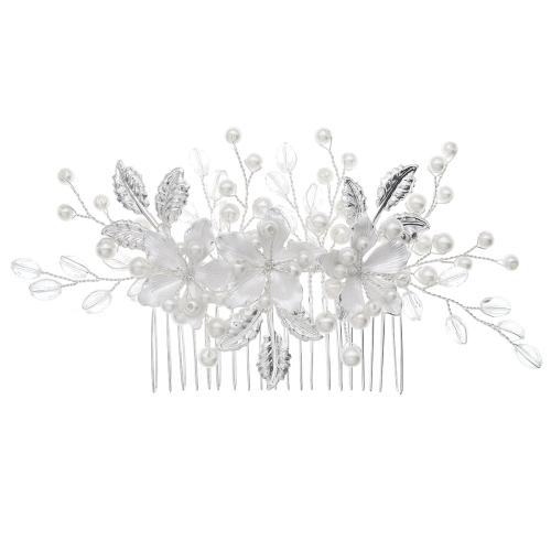 Dekoratives Haarkämmchen, Zinklegierung, mit Kristall & Kunststoff Perlen, Modeschmuck & für Frau, Silberfarbe, 155x75mm, verkauft von PC