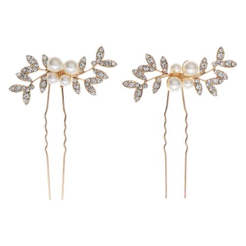 Hair Stick, Tibetan Style, with Plastic Pearl, 2 pieces & for woman & with rhinestone, golden, 60x80mm, Sold By Bag