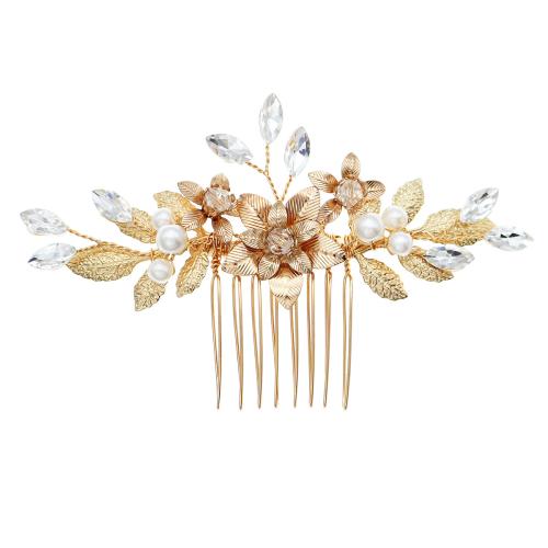 Dekoratives Haarkämmchen, Zinklegierung, mit Kristall & Kunststoff Perlen, für Frau & mit Strass, goldfarben, 100x62mm, verkauft von PC