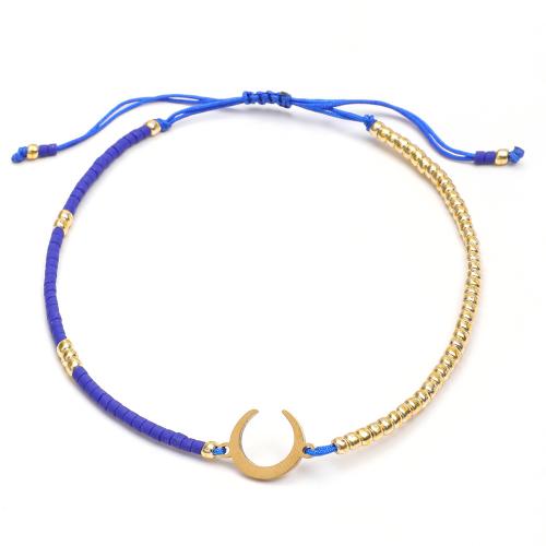 perles de rocaille en verre bracelet, avec Cordon de noeud & Acier inoxydable 304, lune, fait à la main, bijoux de mode & réglable & pour femme, plus de couleurs à choisir, Longueur:Environ 16-20 cm, Vendu par PC