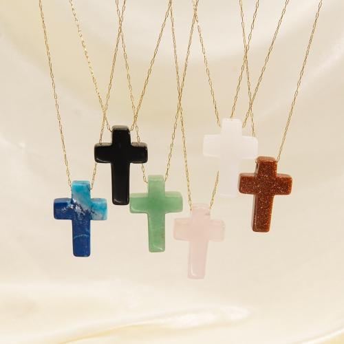 Stainless Steel Jewelry Necklace 304 Stainless Steel with Natural Stone with 5cm extender chain Cross Vacuum Ion Plating fashion jewelry & for woman Length Approx 41 cm Sold By PC