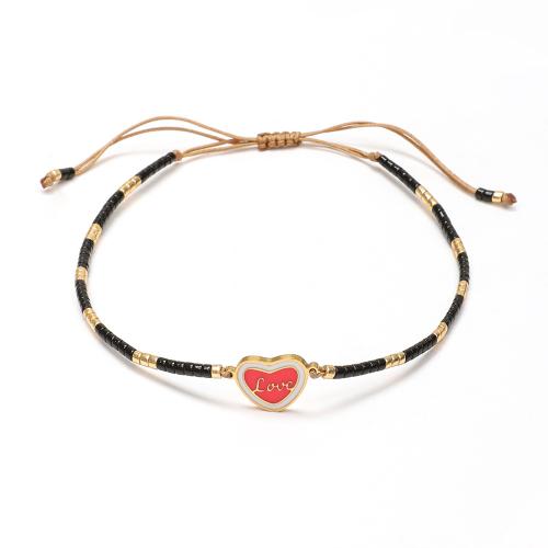 Glass Seed Beads Bracelet, with Knot Cord & 304 Stainless Steel, Heart, handmade, fashion jewelry & adjustable & for woman & enamel, more colors for choice, Length:Approx 16-20 cm, Sold By PC