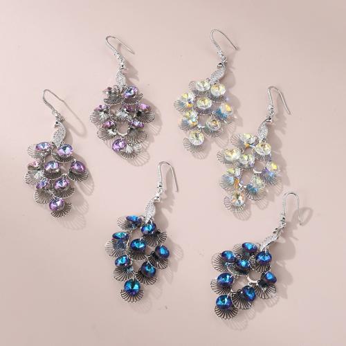 Tibetan Style Drop Earrings, Peacock, fashion jewelry & for woman & with rhinestone, more colors for choice, 80x40mm, Sold By Pair