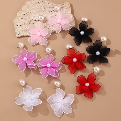 Earring Jewelry, Gauze, with Plastic Pearl, Flower, handmade, fashion jewelry & for woman, more colors for choice, 87x68mm, Sold By Pair