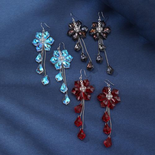 Boucles d'oreilles en alliage de zinc, avec cristal, fleur, bijoux de mode & pour femme, plus de couleurs à choisir, 111x36mm, Vendu par paire