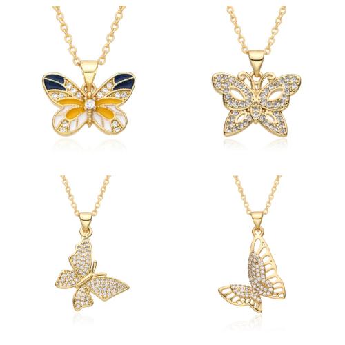 Kubický zirkon Micro vydláždit mosaz náhrdelník, Motýl, různé styly pro výběr & micro vydláždit kubické zirkony & pro ženy & smalt, zlatý, Délka Cca 41-50 cm, Prodáno By PC