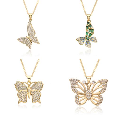 Cubic Zircon Micro Pave Brass Necklace, Butterfly, plated, different styles for choice & micro pave cubic zirconia & for woman, golden, Length:Approx 41-50 cm, Sold By PC