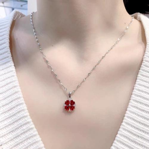 Cubic Zircon Micro Pave 925 Sterling Silver Necklace with Ruby with 5CM extender chain Four Leaf Clover micro pave cubic zirconia & for woman platinum color Length Approx 40 cm Sold By PC