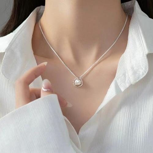 925 Sterling Silver Pearl Necklace, with Freshwater Pearl, with 5CM extender chain, for woman, silver color, Length:Approx 40 cm, Sold By PC