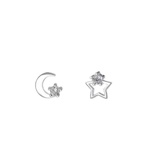 Cubic Zirconia Micro Pave Sterling Silver Earring, 925 Sterling Silver, Moon and Star, micro pave cubic zirconia & for woman, silver color, 5.50x5.60mm, Sold By Pair