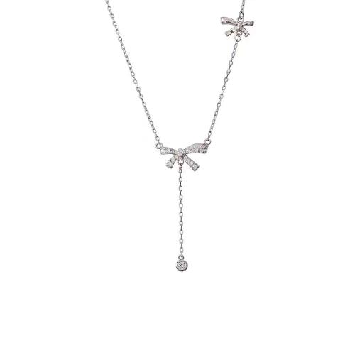 Cubic Zircon Micro Pave 925 Sterling Silver Necklace, with 5CM extender chain, Bowknot, micro pave cubic zirconia & for woman, platinum color, Length:Approx 40 cm, Sold By PC