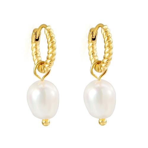 Stainless Steel Drop Earring 304 Stainless Steel with Plastic Pearl plated & micro pave cubic zirconia & for woman golden Sold By Pair
