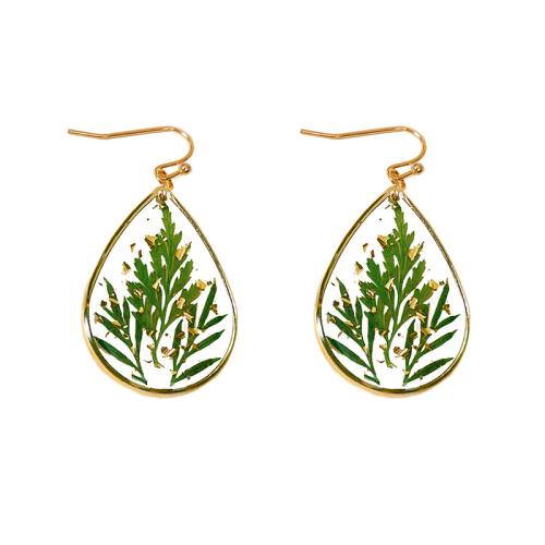 Zinc Alloy Drop Earring with Dried Flower & Resin epoxy gel for woman green Sold By Pair