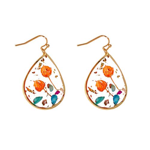 Brass Drop Earring with Dried Flower & Resin epoxy gel for woman orange Sold By Pair