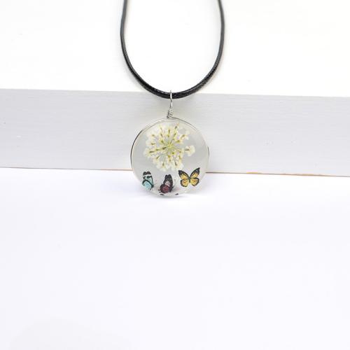 Glass Necklace, with Dried Flower & Wax Cord, handmade, for woman, more colors for choice, Length:45 cm, Sold By PC