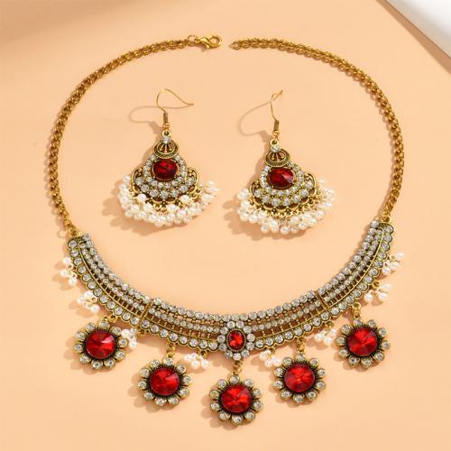 Tibetan Style Jewelry Sets, earring & necklace, with Plastic Pearl, plated, for woman & with rhinestone, more colors for choice, Sold By Set