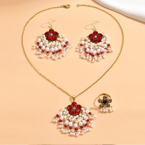 Tibetan Style Jewelry Sets, finger ring & earring & necklace, with Plastic Pearl, three pieces & for woman & with rhinestone, red, Sold By Set