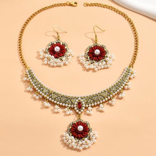 Zinc Alloy Jewelry Sets earring & necklace with Plastic Pearl 2 pieces & for woman & with rhinestone red Sold By Set
