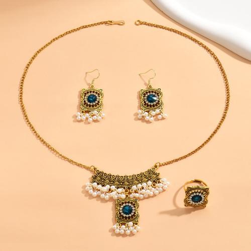 Zinc Alloy Jewelry Sets finger ring & earring & necklace with Plastic Pearl three pieces & for woman & with rhinestone blue Sold By Set