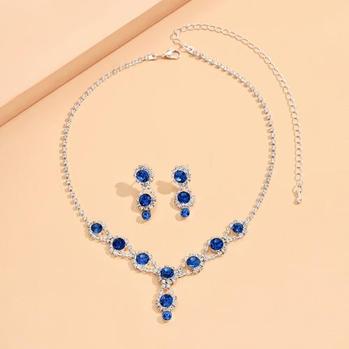 Rhinestone Jewelry Sets, earring & necklace, with 16cm extender chain, plated, 2 pieces & for woman, blue, Length:39 cm, Sold By Set