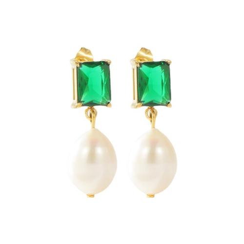 Boucle d'oreille Acier Titane, avec perle de plastique, bijoux de mode & pavé de micro zircon & pour femme, plus de couleurs à choisir, 25mm, Vendu par paire