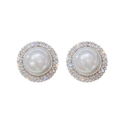 Zinc Alloy Stud Earring with Plastic Pearl fashion jewelry & for woman & with rhinestone white 25mm Sold By Pair
