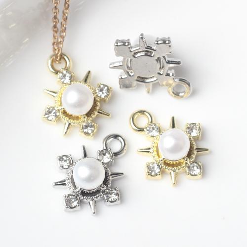 Tibetan Style Rhinestone Pendants, with Plastic Pearl, Sun, plated, fashion jewelry & DIY & with rhinestone, more colors for choice, nickel, lead & cadmium free, 12x15x6mm, Approx 100PCs/Bag, Sold By Bag