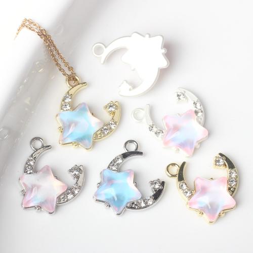 Resin Tibetan Style Pendants, with Cubic Zirconia & Resin, Moon and Star, plated, fashion jewelry & DIY, more colors for choice, nickel, lead & cadmium free, 15x17x5mm, Approx 100PCs/Bag, Sold By Bag