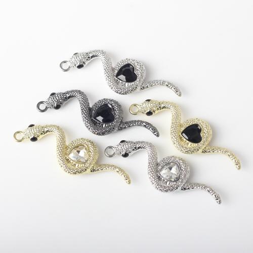Tibetan Style Animal Pendants, with Cubic Zirconia, Snake, plated, fashion jewelry & DIY, more colors for choice, nickel, lead & cadmium free, 13x41x5mm, Approx 100PCs/Bag, Sold By Bag